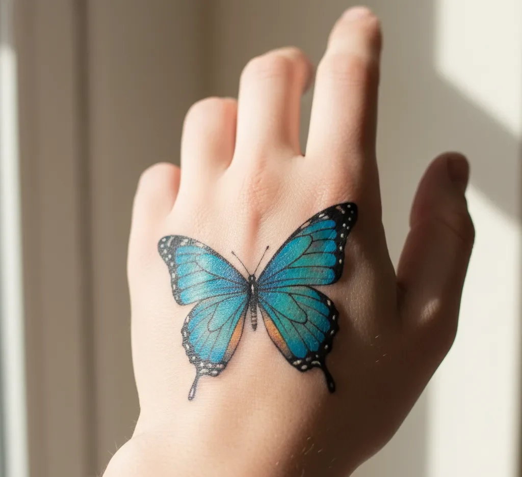 Blue Butterfly Tattoo on the Hand