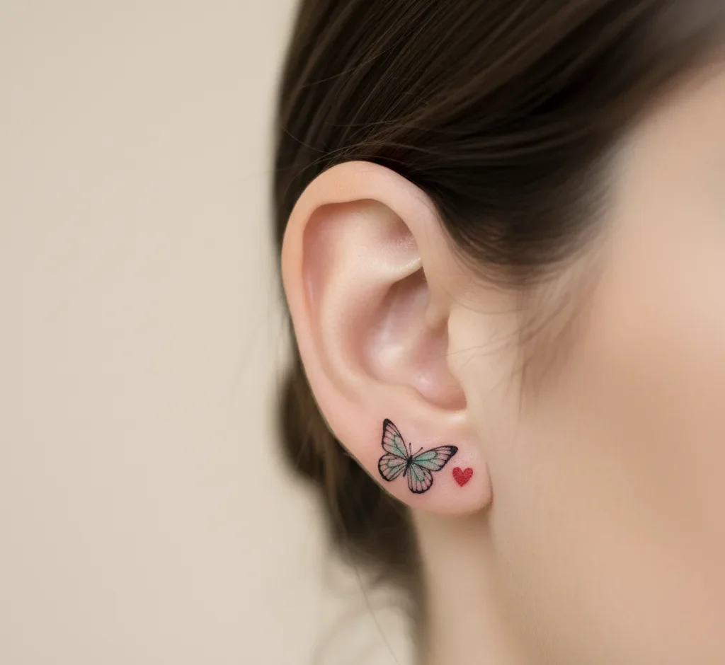 Cute Heart Butterfly Tattoo Behind the Ear