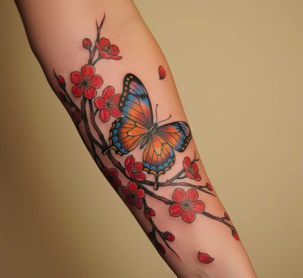Tattoo of a red cherry blossom and a butterfly
