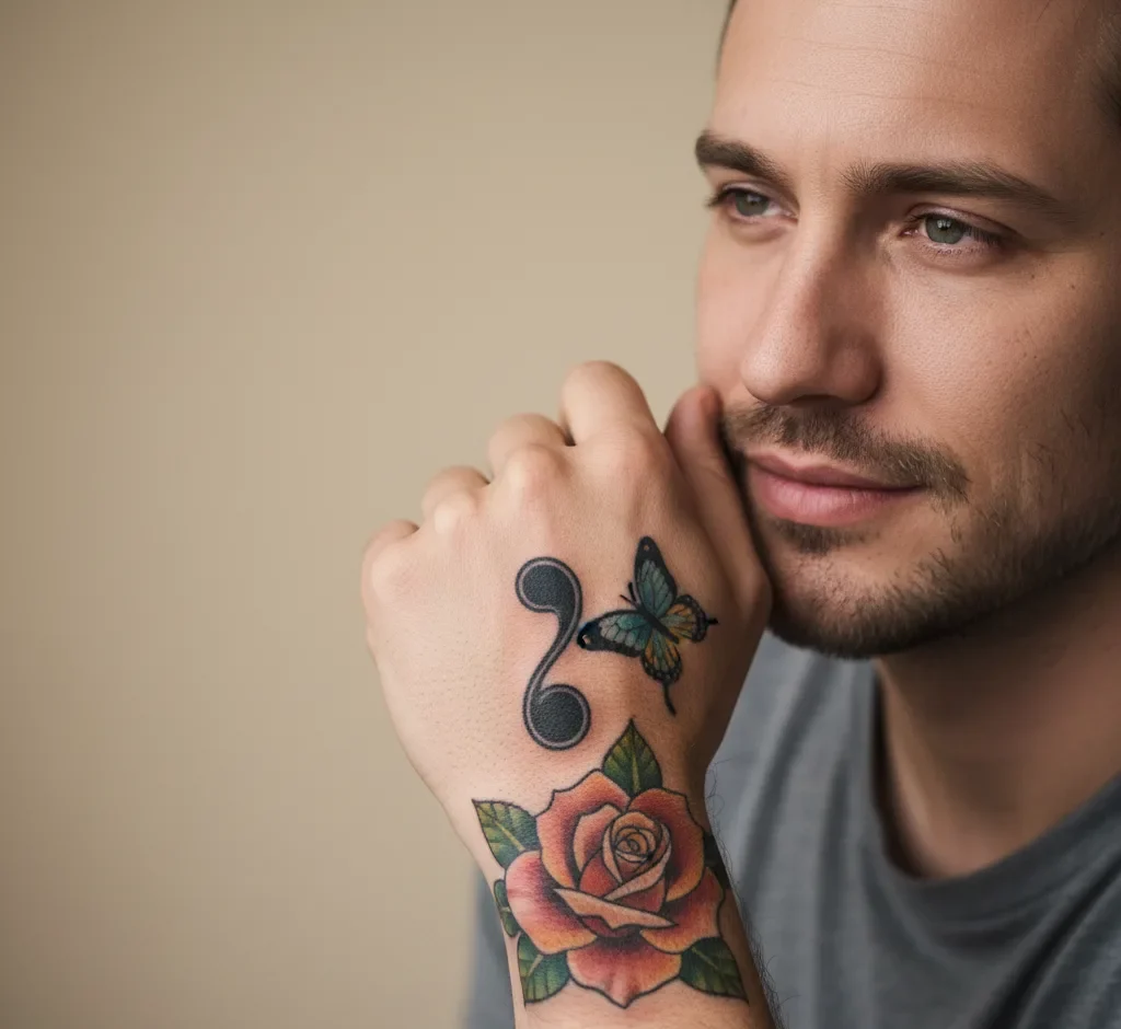 Semicolon Rose Butterfly Tattoo for Strength