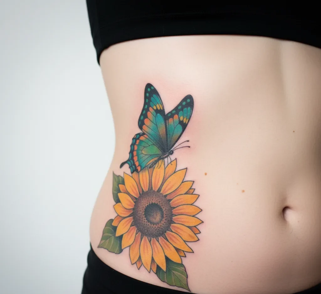 Sunflower and Butterfly Tattoo on the Stomach