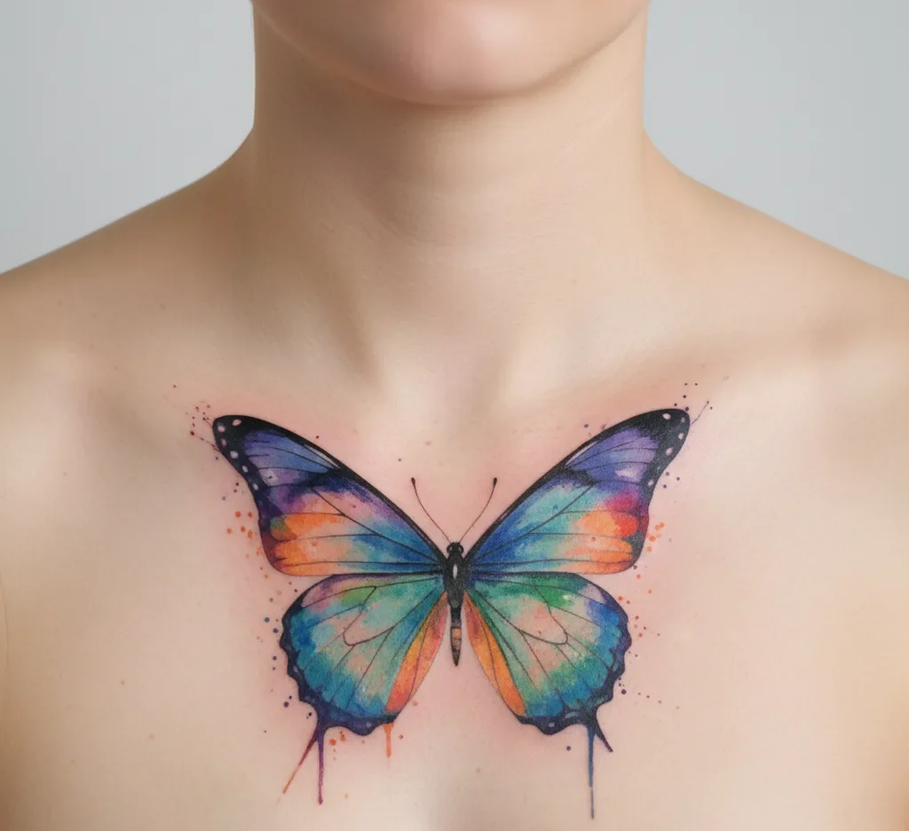 Watercolor Butterfly Tattoo on the Chest
