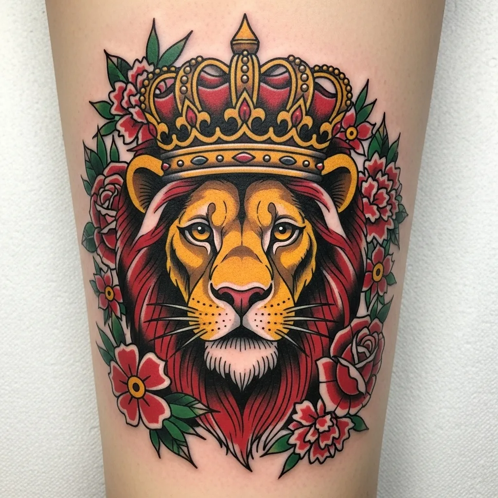 American Traditional Lion Tattoo
