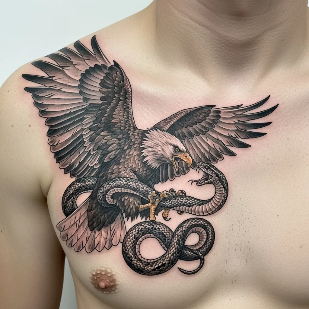Ultimate Snake Tattoo Guide 2026: Meanings, Styles & Body Placement 16 Eagle and Snake Tattoo on Chest