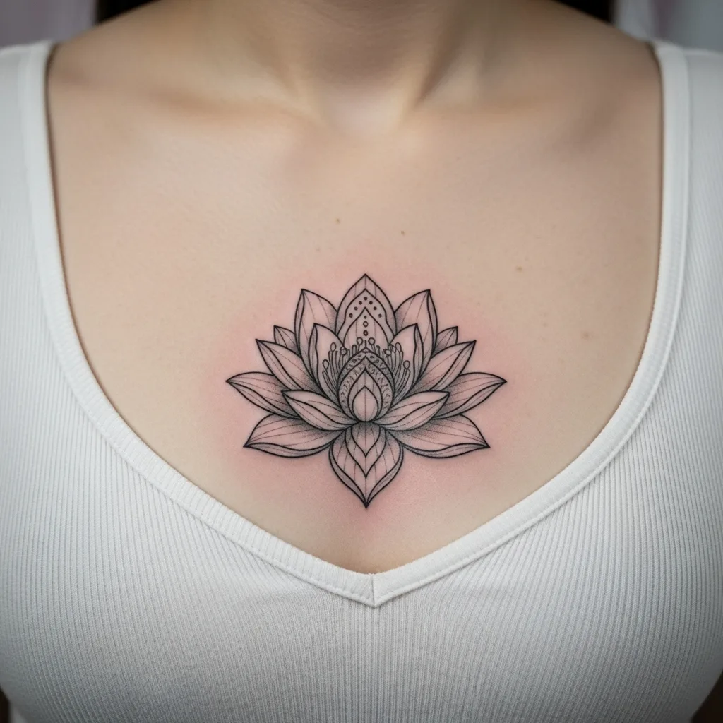 Lotus Sternum Tattoo