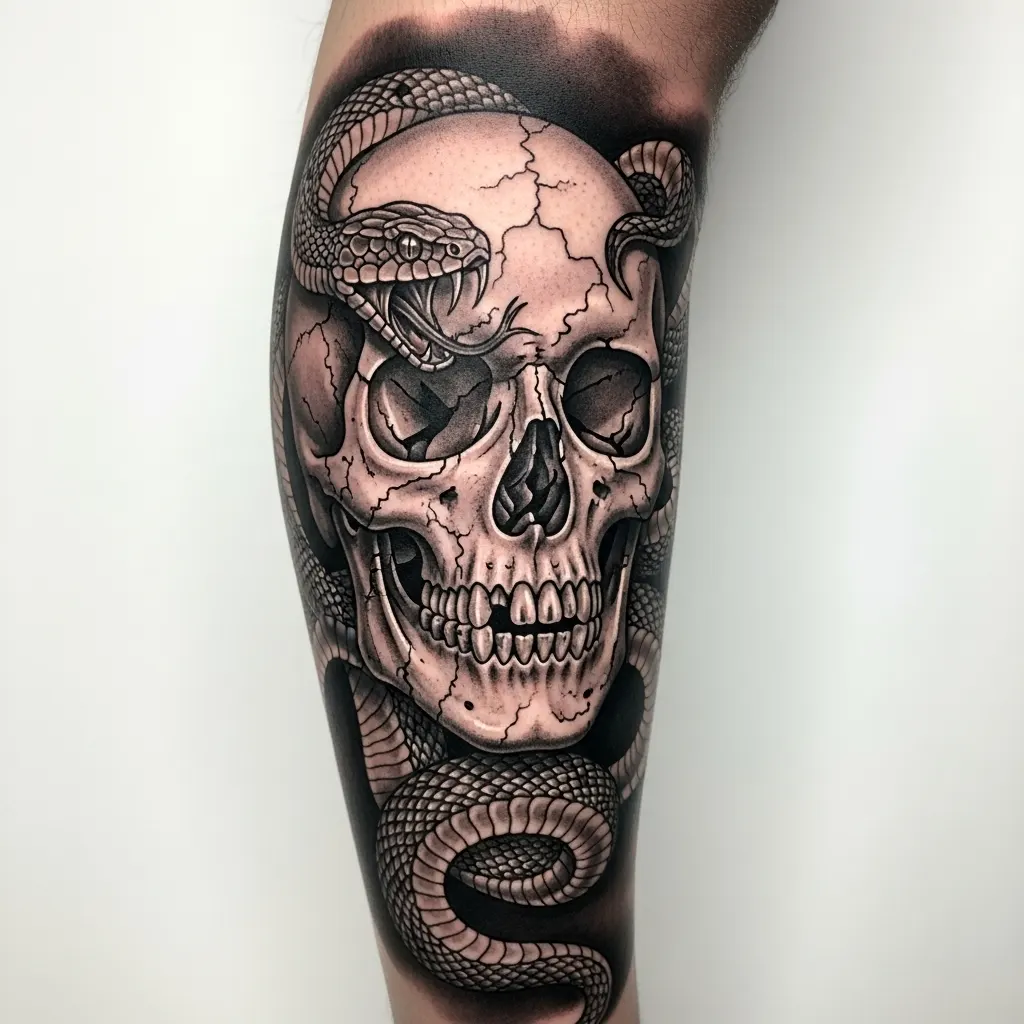 Ultimate Snake Tattoo Guide 2026: Meanings, Styles & Body Placement 12 Skull and Snake Tattoo on Leg
