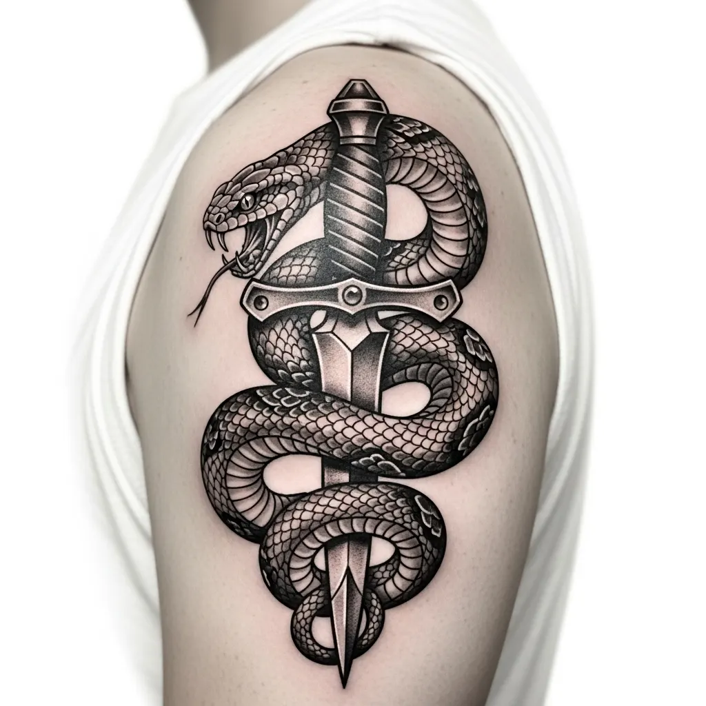 Ultimate Snake Tattoo Guide 2026: Meanings, Styles & Body Placement 15 Snake Dagger Tattoo on Shoulder
