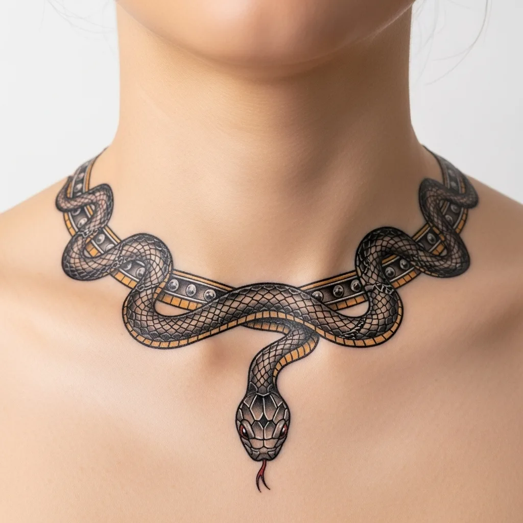 Ultimate Snake Tattoo Guide 2026: Meanings, Styles & Body Placement 24 Snake Necklace Tattoo Design Ideas