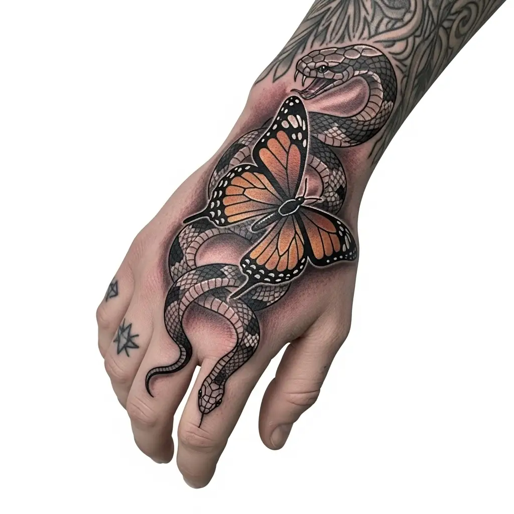 Ultimate Snake Tattoo Guide 2026: Meanings, Styles & Body Placement 22 Snake and Butterfly Tattoo on Hand 1