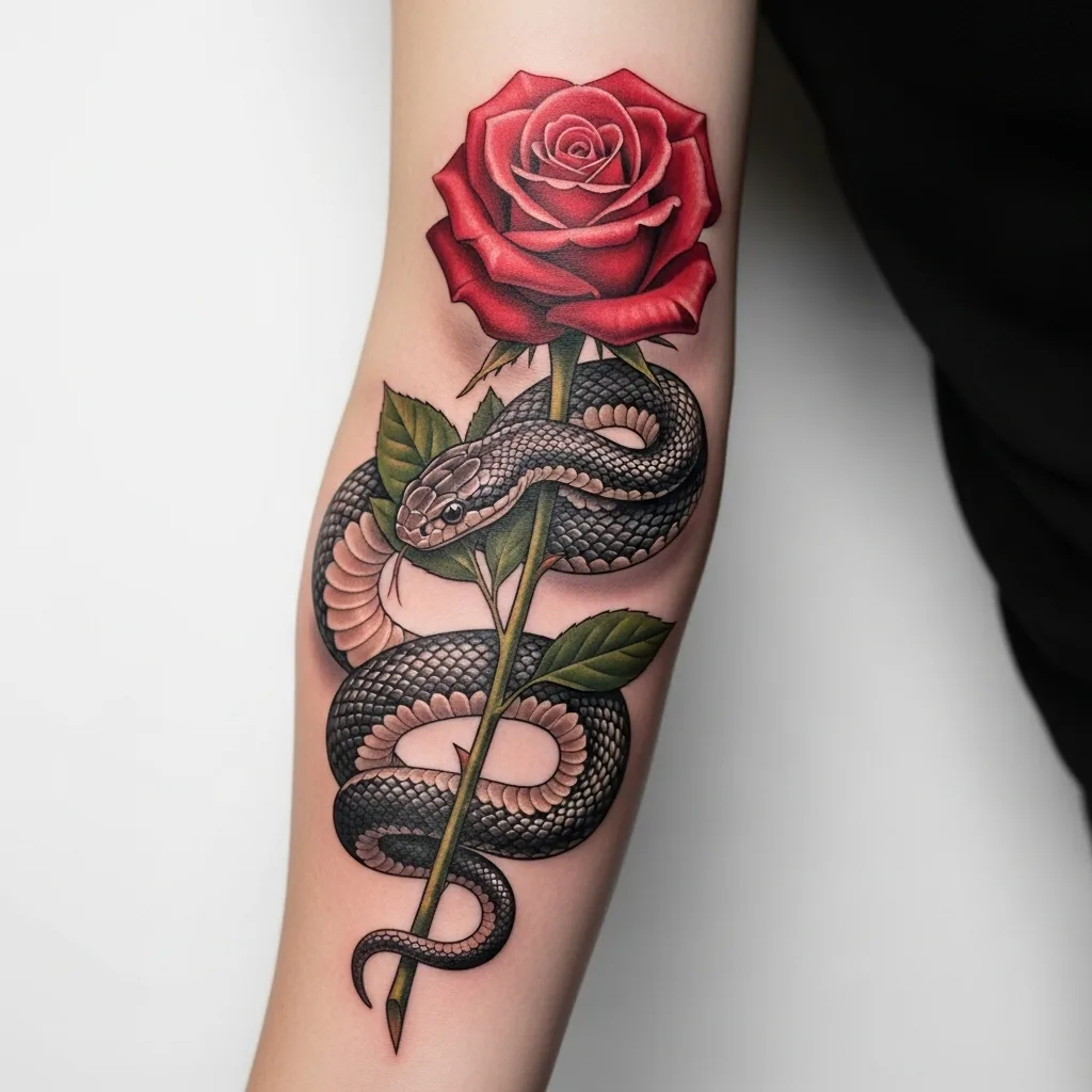 Ultimate Snake Tattoo Guide 2026: Meanings, Styles & Body Placement 18 Snake and Rose Tattoo