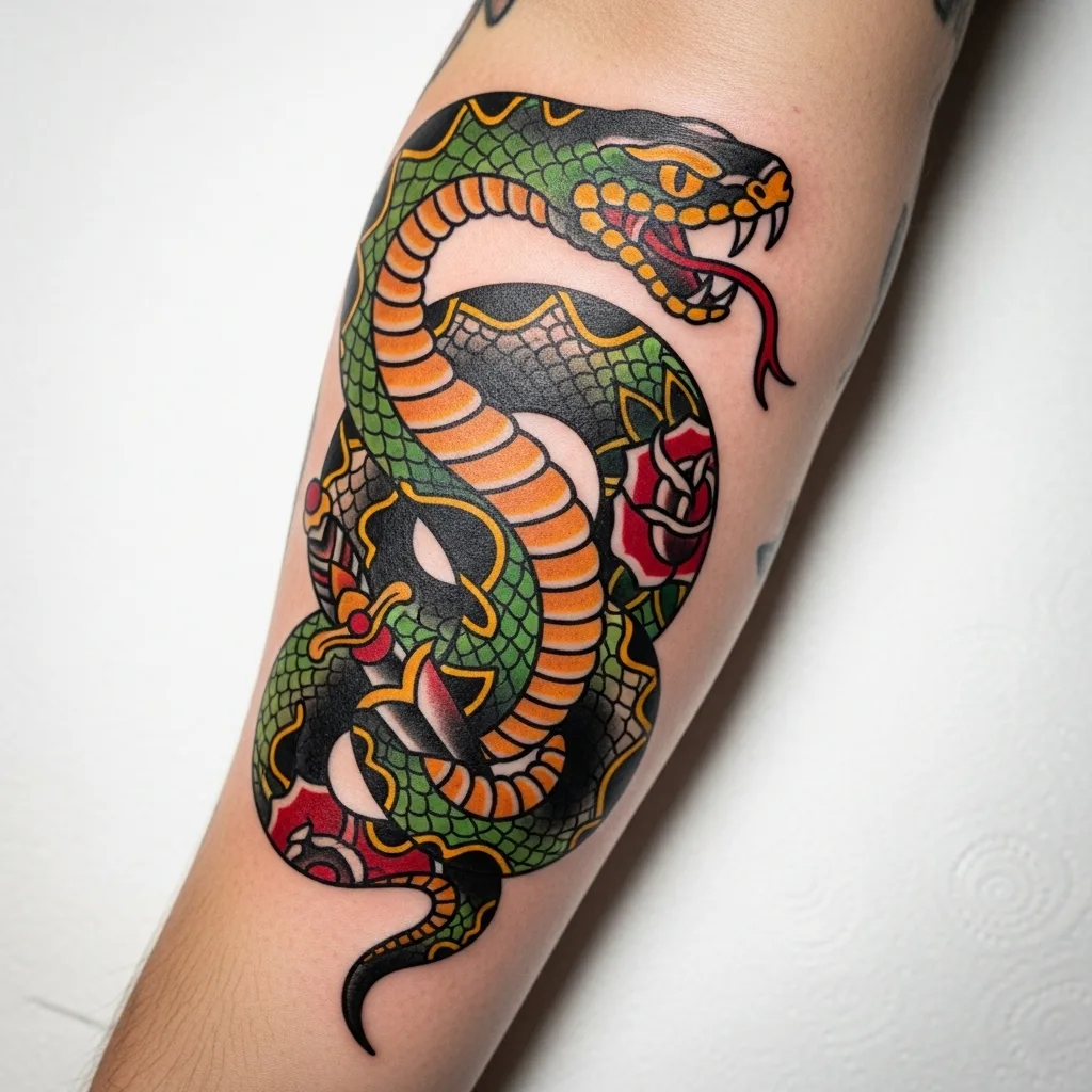 Ultimate Snake Tattoo Guide 2026: Meanings, Styles & Body Placement 4 Traditional Snake Tattoo Style Explained